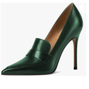 miss left Green Stiletto Heel Loafer Pumps with Trim Pointed Toe Slip on Shoe